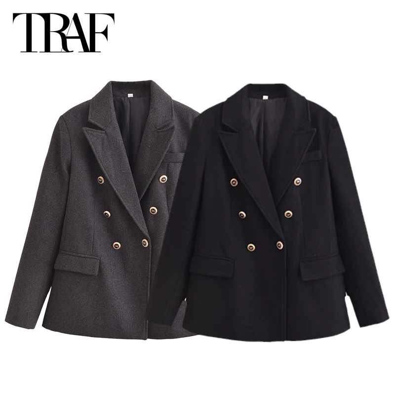 TRAF Office Wear Women's Blazer Black Tweed Outerwears Darkgrey Double-Breasted Long Sleeve Suit Top Elegant Women's Blazer 2025