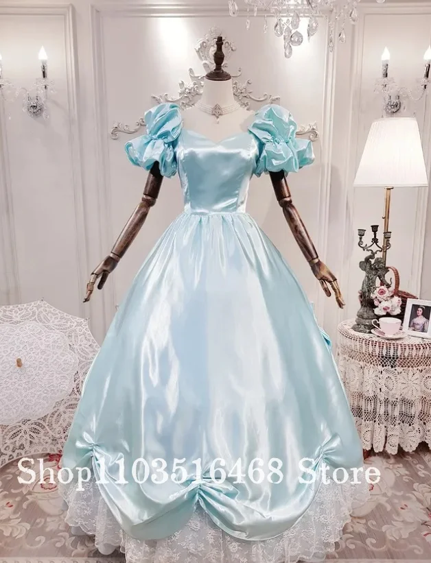 Vestidos de fiesta de seda azul personalizados, zapatos de cristal, fiesta de juegos de rol, lazo de encaje, vestidos de noche de princesa, vestidos de graduación de Halloween