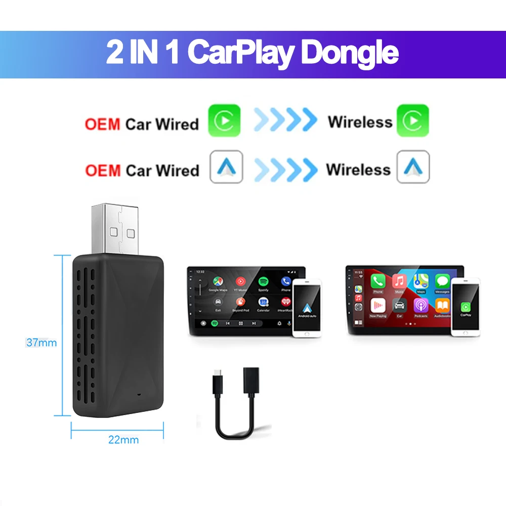 2in1 bedraad naar draadloze CarPlay Android Auto Adapter voor OEM autoradio met USB Plug and Play