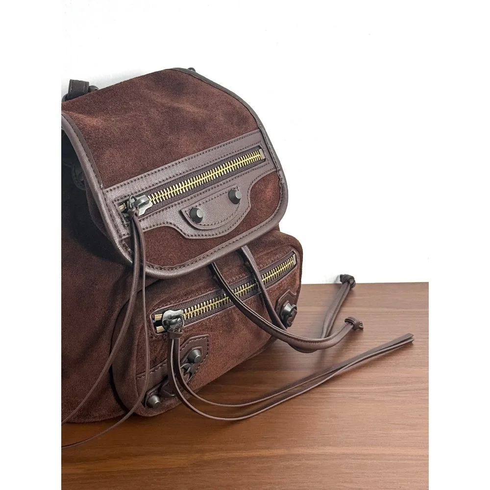 Punk Style Backpack Retro Rivet Mini Locomotive Backpack Premium Suede Portable Bucket Versatile Texture Unique Fashion Simple