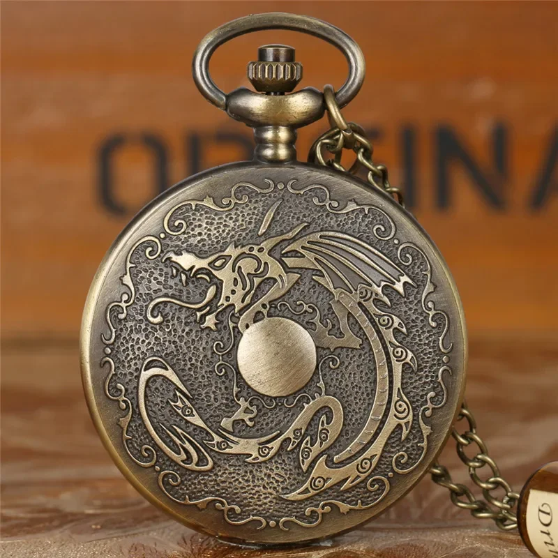 Vintage Fashion Flying Dragon Play Ball Design Quartz Pocket Watch Retro Necklace Sweater Chain Pendant Gadget Antique Clock