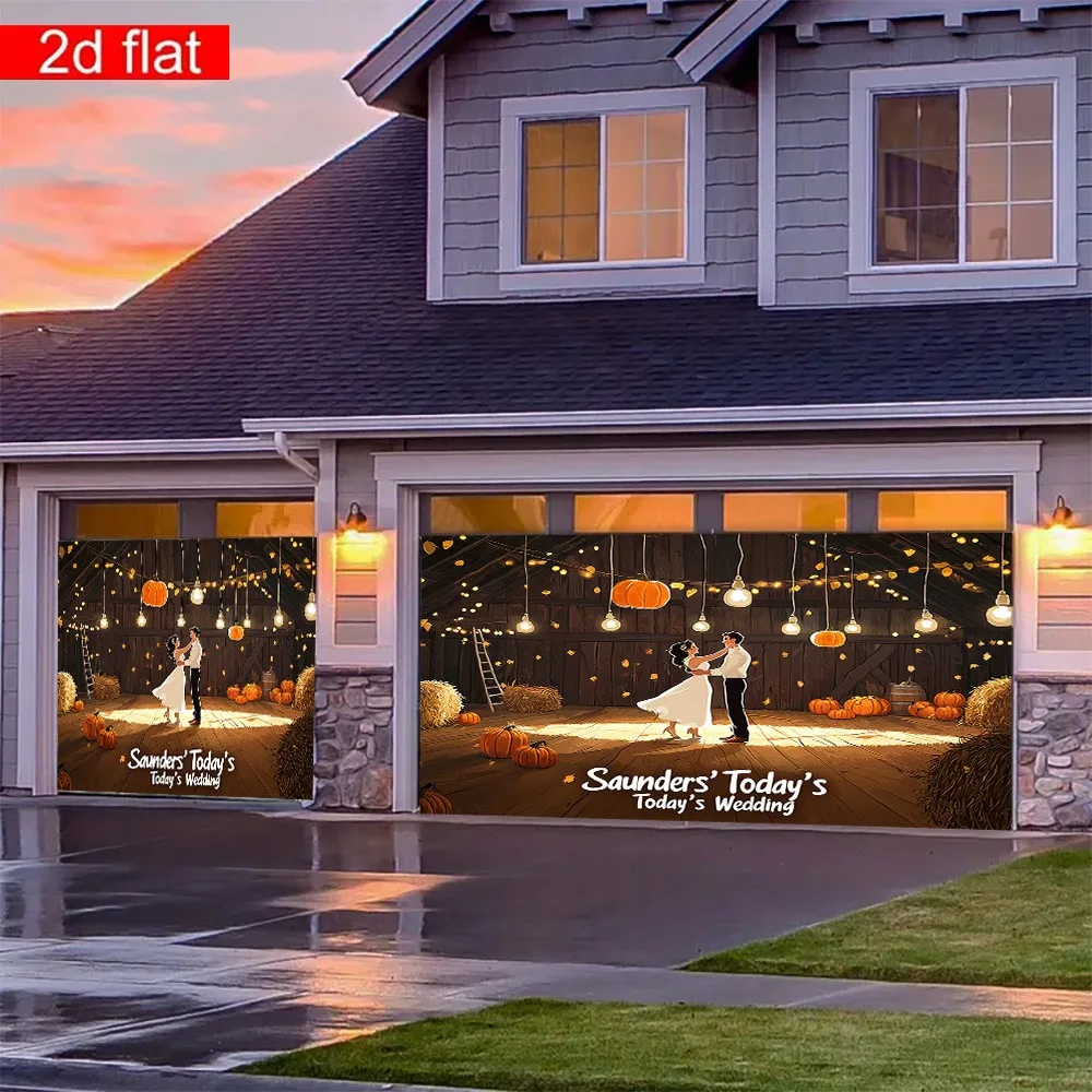 خطة ثنائية الأبعاد، علم باب جراج كبير واحد - موضوع كرة الحظيرة للخريف مع نص "زفاف اليوم"