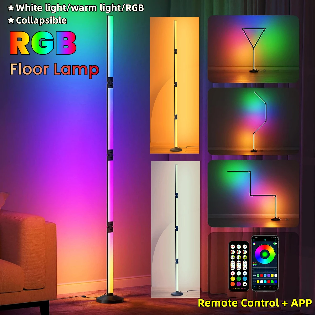 Foldable RGB Led Floor Lamp Living Room Bedroom Indoor Lighting Bedside Reading Floor Lamp Corner Colorful Floor Standing Light