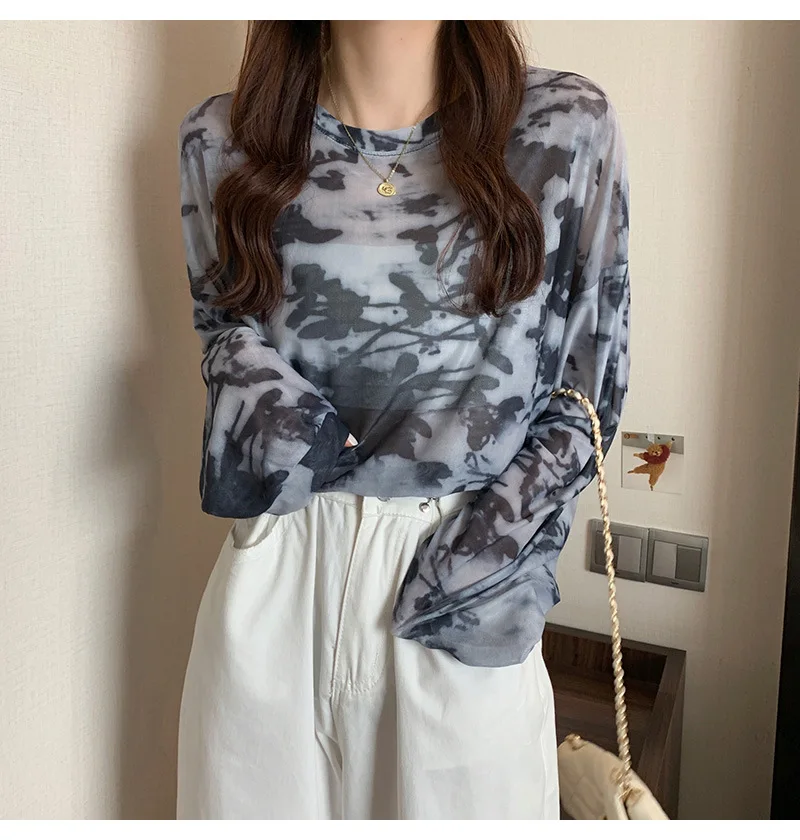 Mesh Sun Protection Shirt New Summer Casual Printed Pullover Long Sleeve Women's T-shirt Sheer Top image 5
