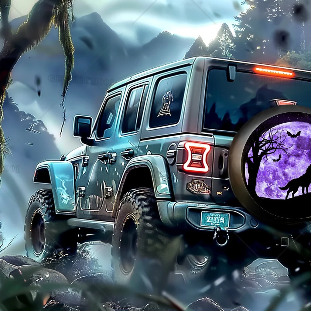 할로윈 테마의 보라색 달늑대 스페어 타이어 커버는 트럭 RV 자동차용 방풍 방진 자외선 방지 타이어 보호 장치에 적합합니다.