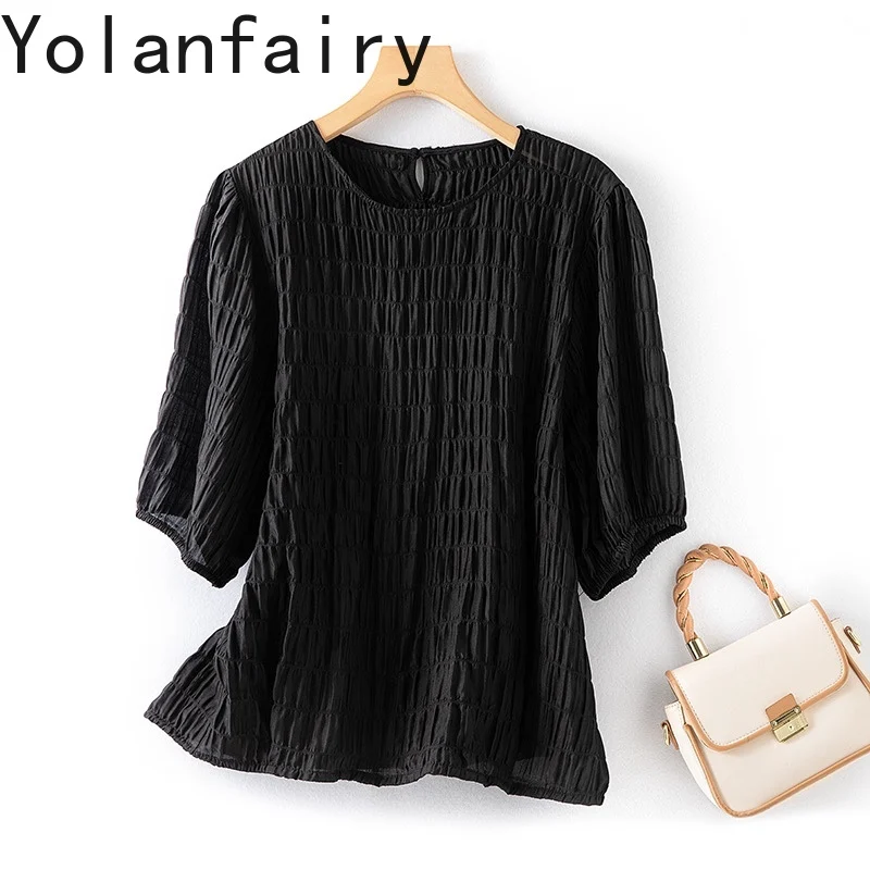 

YOLANFAIRY Real Silk Bubble Crepe Woman T Shirt 2025 Summer Tops 93% Mulberry Silk White T Shirt Short Shirts Female Tees 여름 반팔