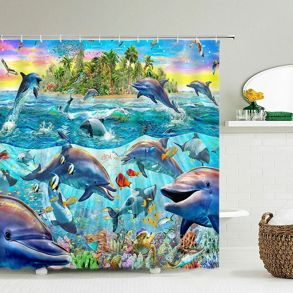 Tropical Ocean Dolphin Shower Curtain Split Sea Surface Palm Island Coral Reef Colorful Fish Turtle Seabird Sunset Marine Life P