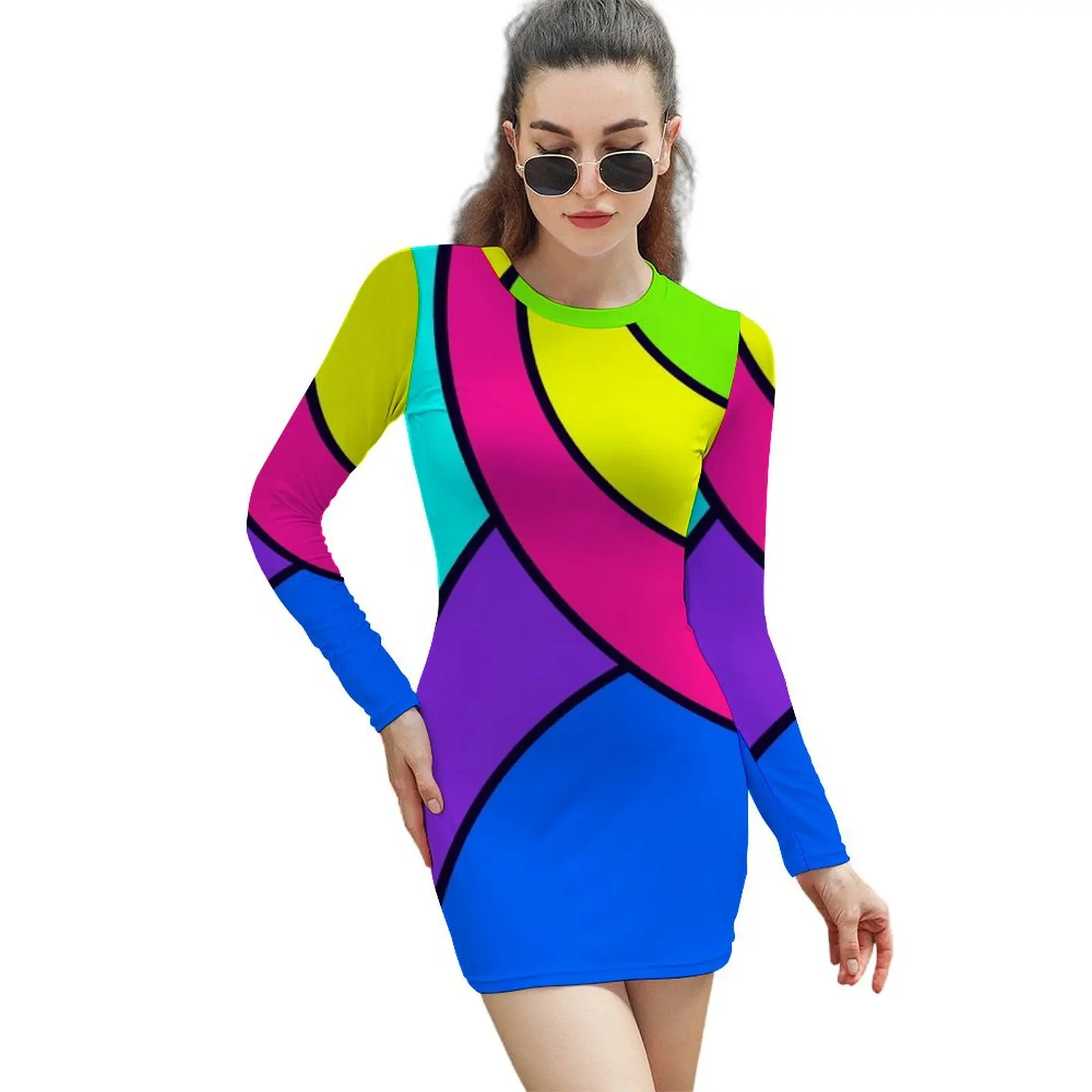 

Bright geometric Long-Sleeved Sheath Dress Women's dresses beach outfits for women