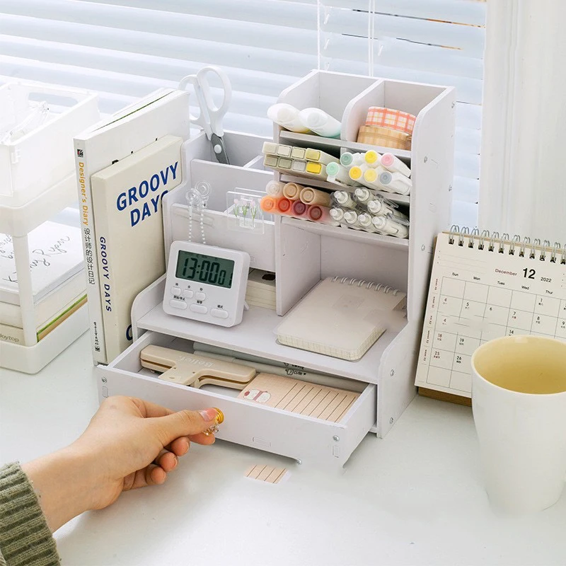 منظم مكتب، منظم مكتب DIY مع درج - حامل أقلام متعدد الوظائف، تخزين مستلزمات فنية مكتبية سهلة التجميع #3