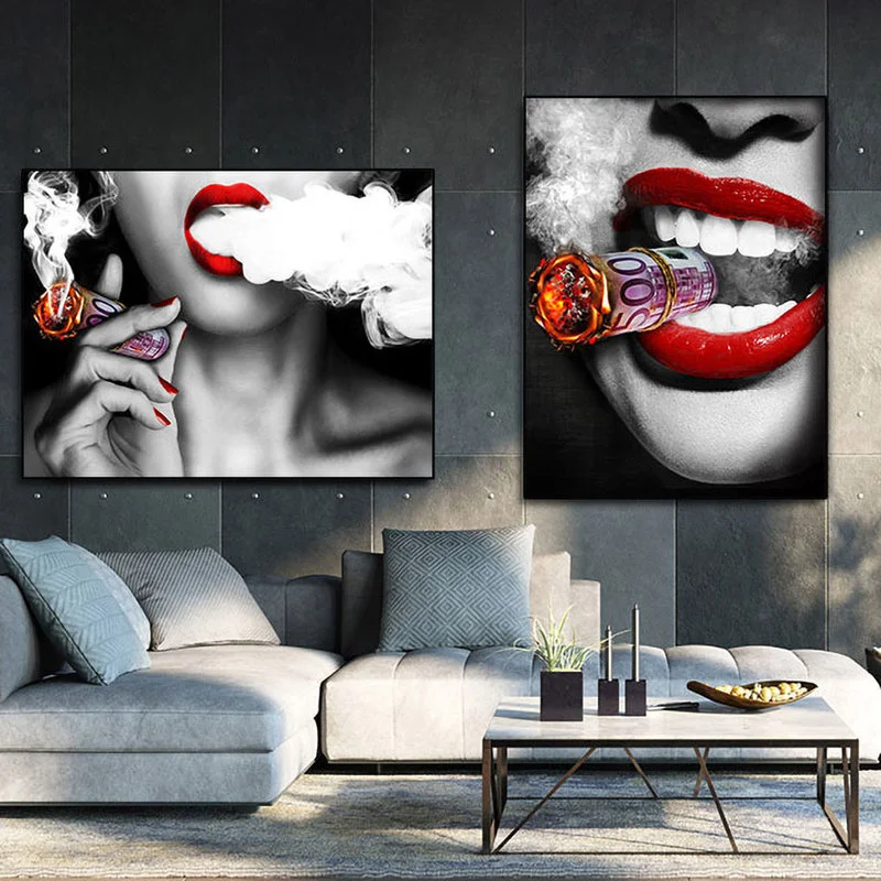 Red Lips Smoking Woman Watch Canvas Painting Burning Dollars Money Posters and Print Wall Art Picture for Living Room Home Decor