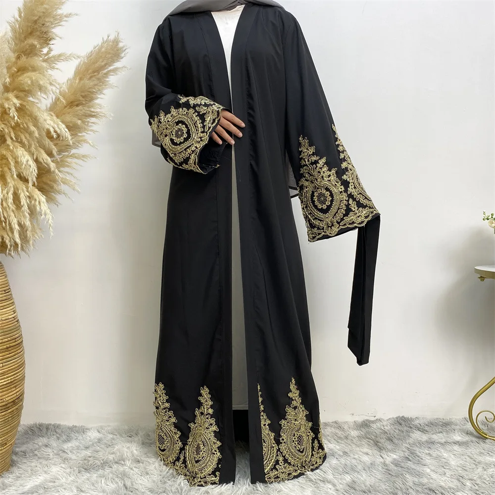 

Muslim Women Lace Stitching Fashion Long Loose Opet Cardigan Robe Dubai Abaya Robe High Waist