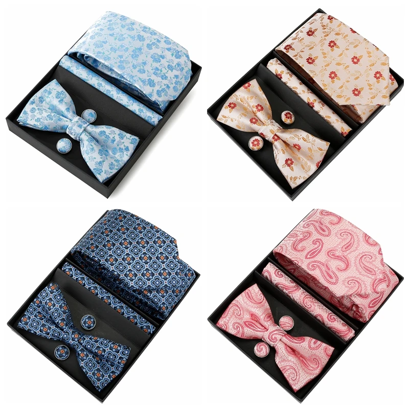 

Tie Necktie Bowtie Set Fashion Pocket Square Cufflinks For Shirts Suit Men Wedding Banquet Set With Gift Box Tie Men Gravata Bow