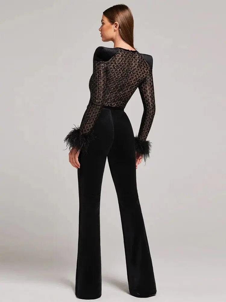 Ailigou 2024 New Summer Women's Black Sexy Long sleeved Feather Tight Bandage jumpsuit Elegant Celebrity Party jumpsuit