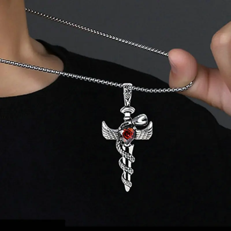 Vintage Cross Pendant Jewel Necklace Sharp Sword Snake Red Heart Necklaces Gothic Punk Jewellery Fashion Charm Statement Gift