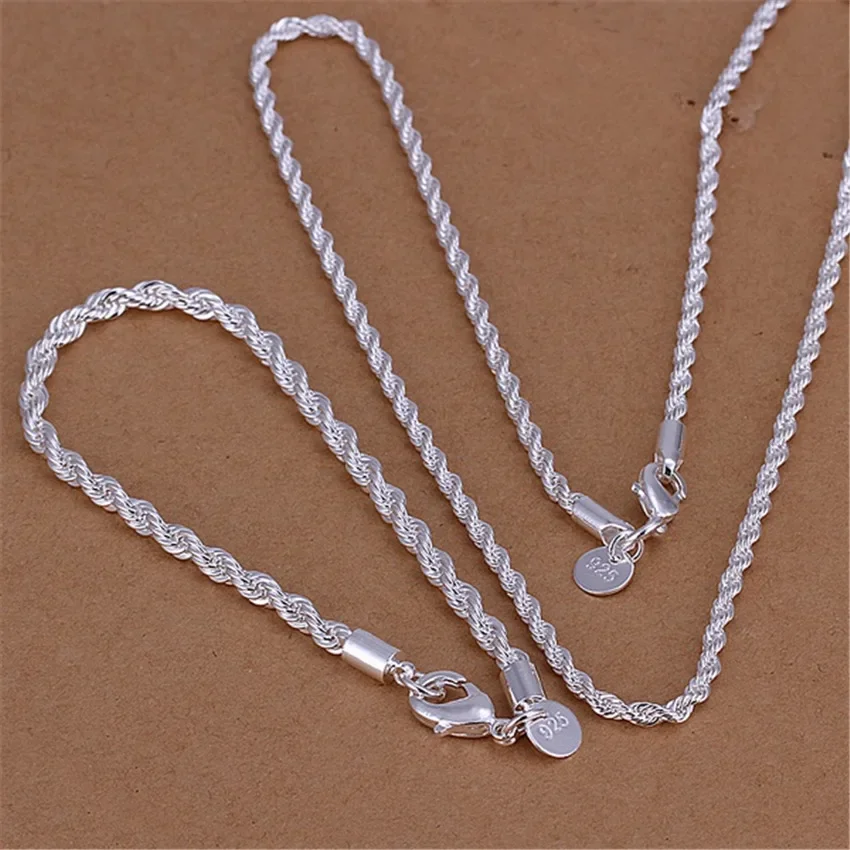 

925 Sterling Silver 4MM twisted rope chain Bracelets necklace Jewelry sets for man women Fashion Party wedding accessories Gifts