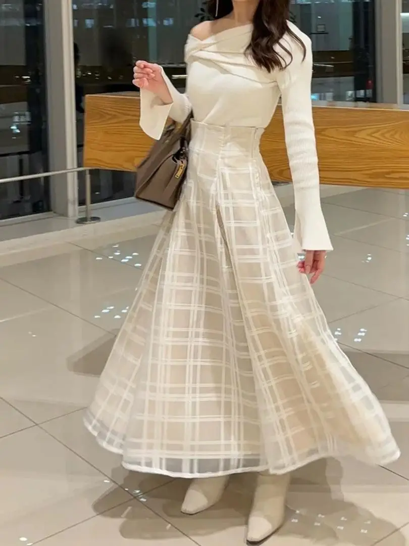 

Autumn Winter High Waist A-Line Skirt Color Woven Large Flounce Half Body New Arrival Sweet And Versatile Japanese Style