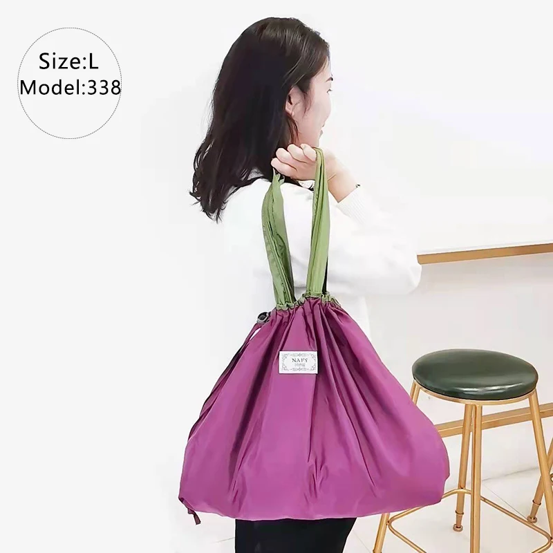 Nylon Drawstring Shopping Bag Large Storage Pure Colour Sturdy Portable Tote Travel Grocery Reusable Foldable supermarket