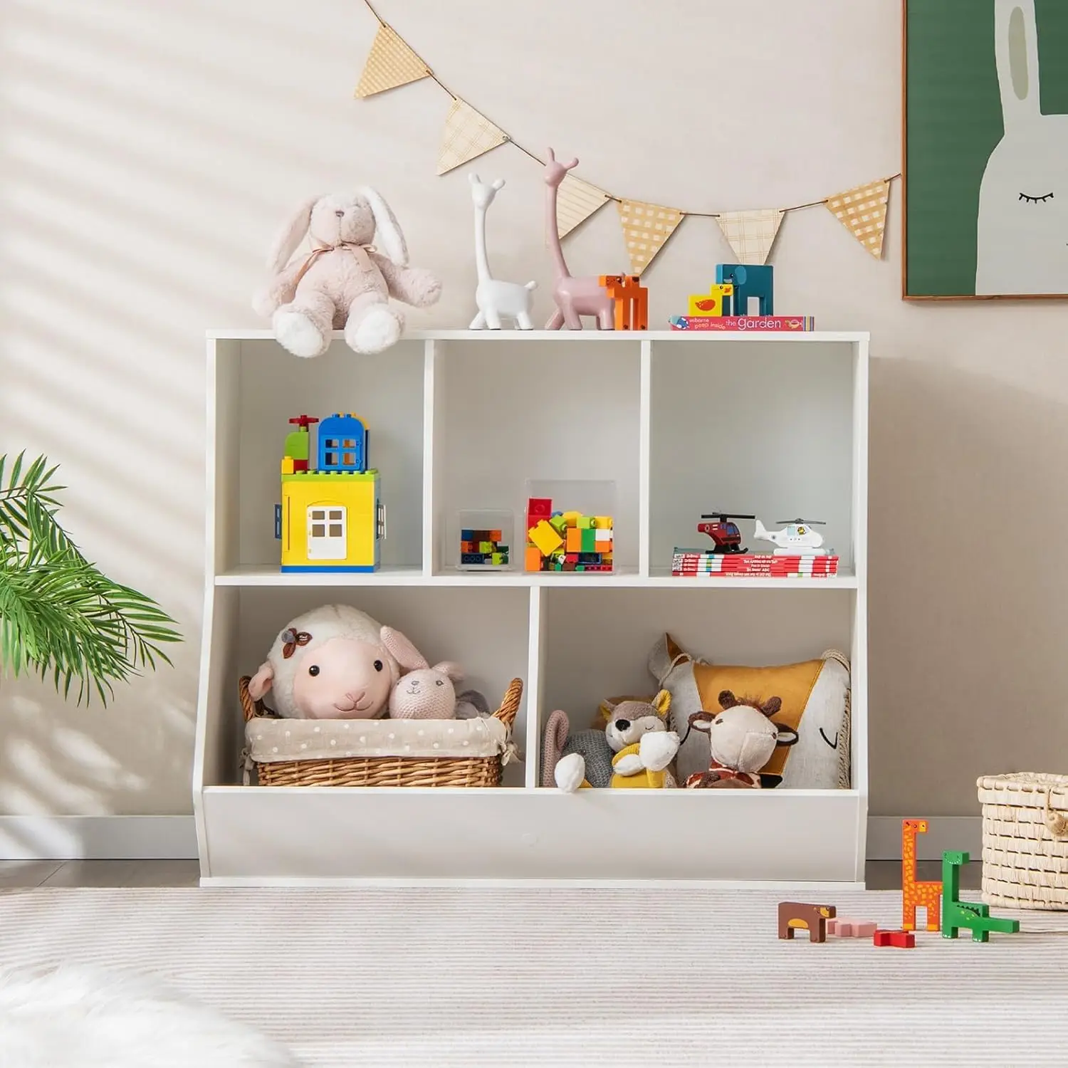 

Toy Storage Organizer With Bookcase, 5-Cubby Children Bookshelf Toy Storage Cabinet, Open Kids Toy Shelf Book Display Organizer