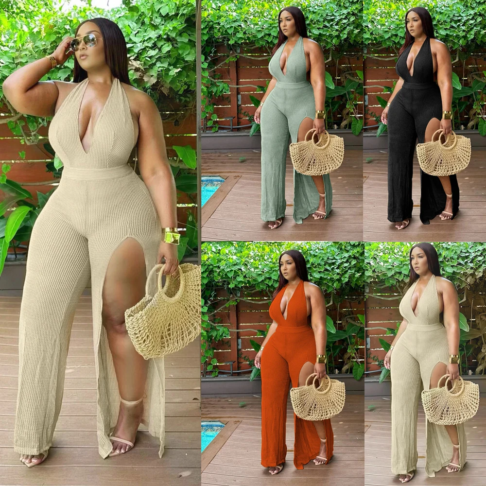 

Women's Summer Holiday Beach Fashion Casual Vacation Rompers Backless Halter V-Neck One Piece Irregular Slit Long Pants Jumpsuit
