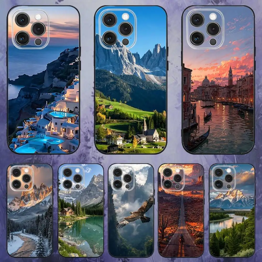 

Mountains landscape Travel Phone Case For iPhone 17,16,15,14,13,12,Pro,Max,Plus,E,SE4,Air,Mini Black Soft Box