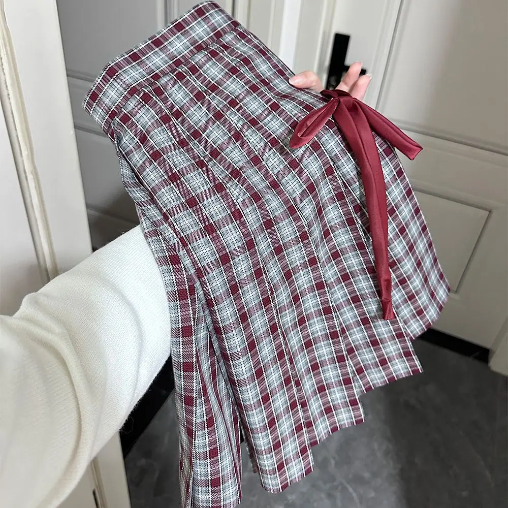 Cute Kawaii Preppy Style JK Red Plaid Bow Pleated Skirt College Uniform School Student Sweet Girl Autumn Winter Women Mini Skirt