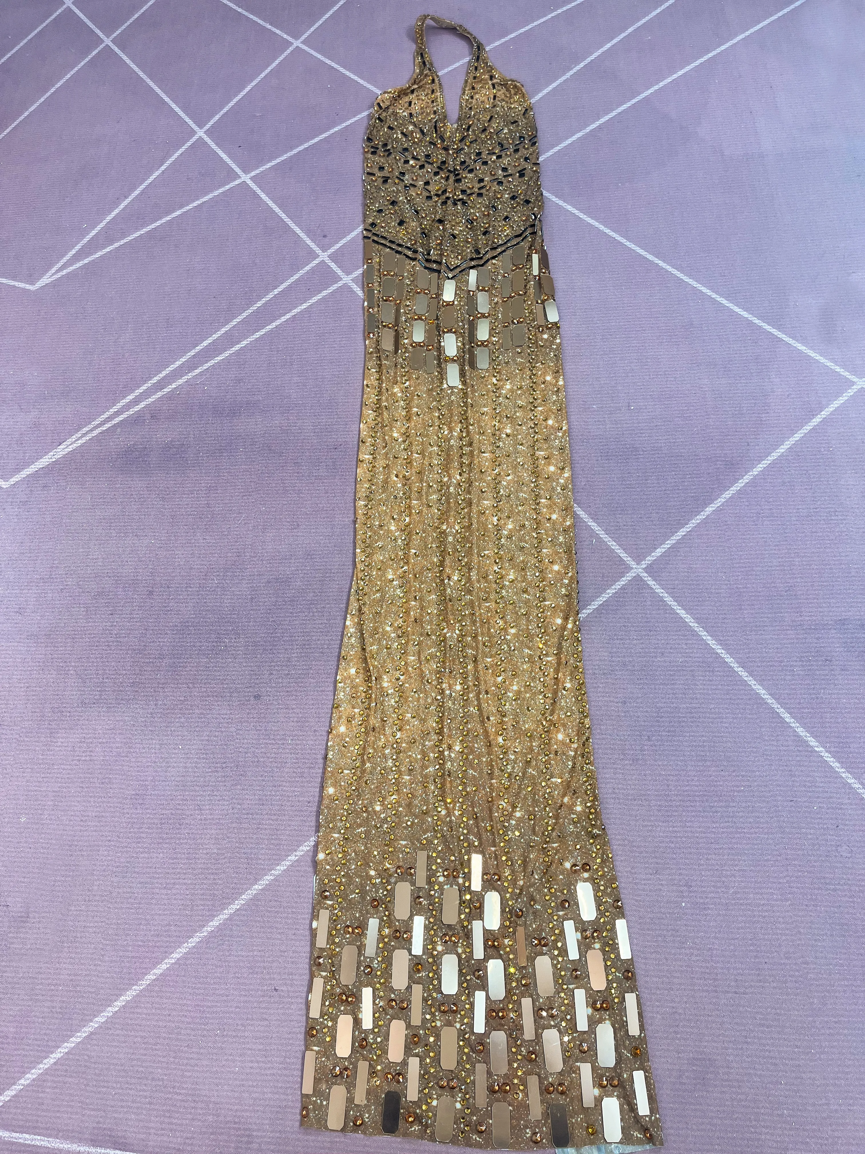 High-end Shiny Mirrors Rhinestones V-neck Backless Evening Dress Sexy Cocktail Party Gown Red Carpet Stage Outfit Gutongjingpian view 6