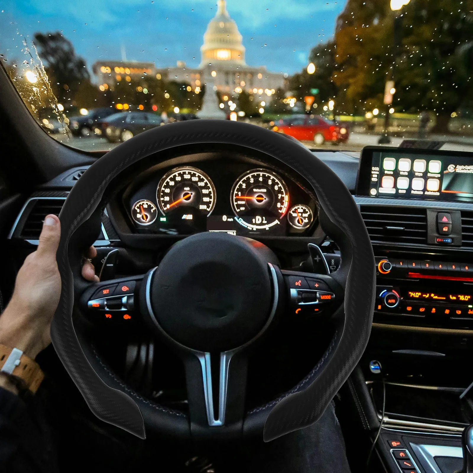 

Black Carbon Fiber Steering Wheel Cover Non-Slip Universal Fit Car Interior Protector Sporty Style Anti-Skid Vehicle Accessory