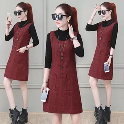 Hot Woolen Dresses Women 2023 Spring Autumn Winter Sleeveless Vest Dress With pocket All-match Lady Plaid Vest Slim Dresses 5XL