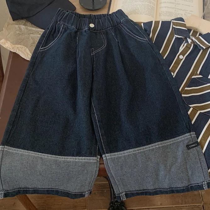 

Boys Pants 2025 Autumn New Children's Clothing Korean Boys Baby Fashion Splicing Wide Leg Cowboy Pants Casual Simple Daily