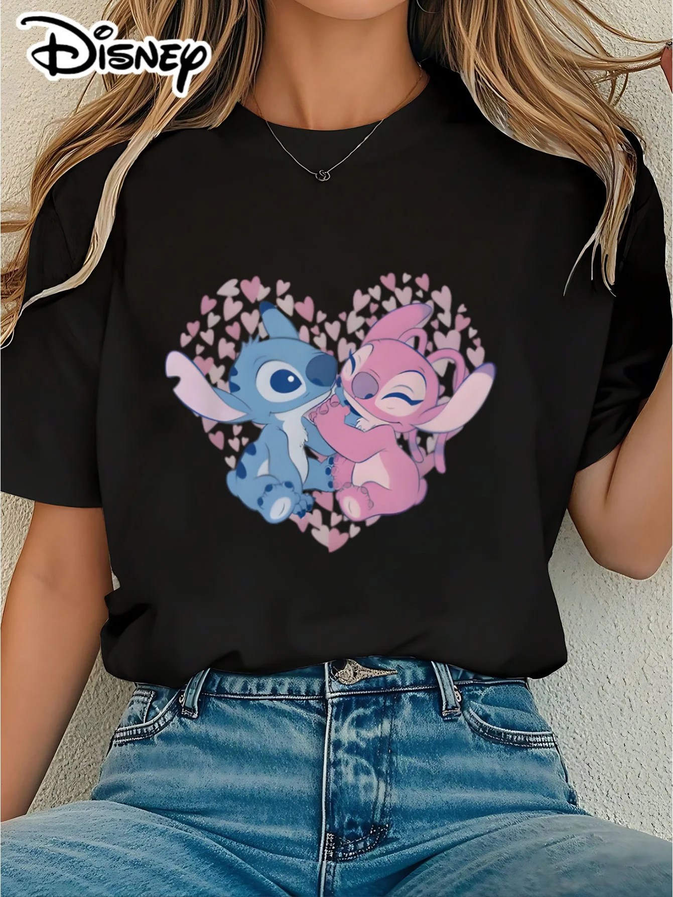 

Women'S Disney Stitch & Angel Heart Bouquet Graphic T-Shirt - Officially Licensed Relaxed Fit Short Sleeve Round Neck Tee