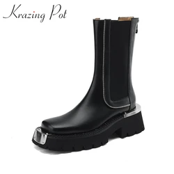 Krazing Pot 2024 Cow Leather Round Toe Thick High Heels Fashion Winter Chelsea Boots Platform Slip On Plus Size 42 Ankle Boots