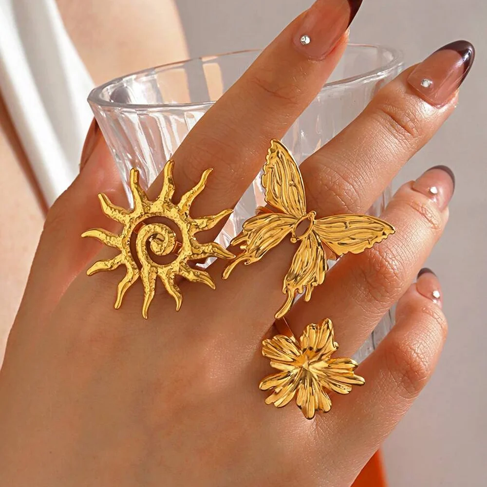 Stainless Steel Flower Butterfly Spiral Sun Open Ring Set Three-Piece Set For Men And Women Fashionable Commuter Finger Jewelry
