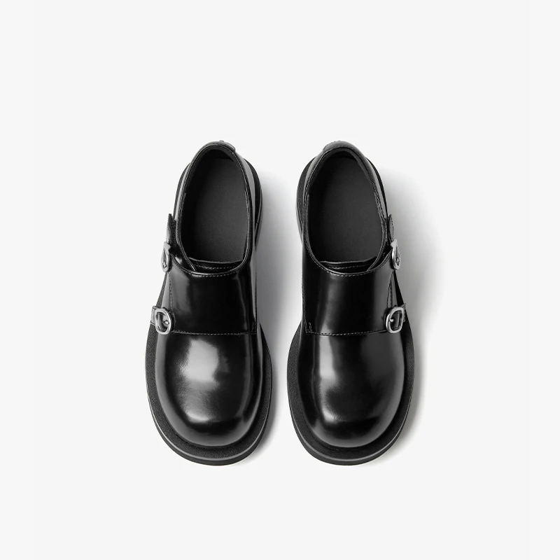 BEAUTODAY Flats Mengke Women Buckle Belt Genuine Leather Round Toe Large Head Ladies British Style Shoes 27937