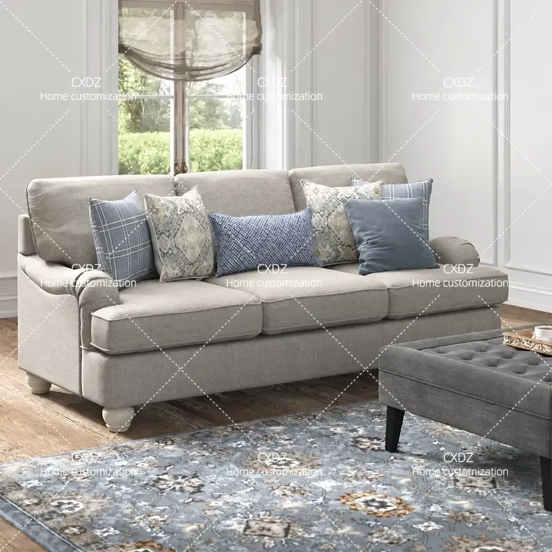 Retro Cotton Linen Fabric Pastoral Style Sofa Light Luxury High End Small Apartment Living Room Straight Row Sofa