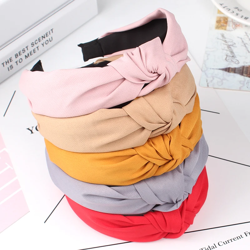 High End Hair Accessories New Solid Color Fabric Knot Hair Hoop Headwear Wholesale Simple And Versatile Wide Edge Tie Headbands