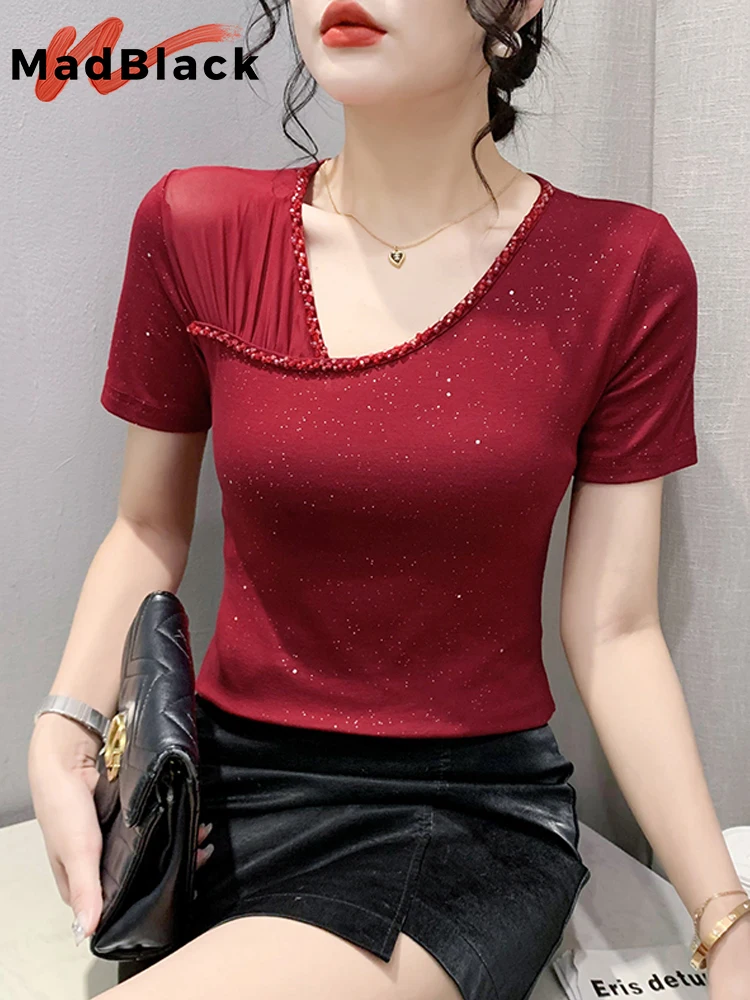 MadBlack Summer European Clothes Tshirt Women's Sexy V Necks Glitter Diamonds Slim Cotton Tops Short Sleeve TeesHand MadeT34438C