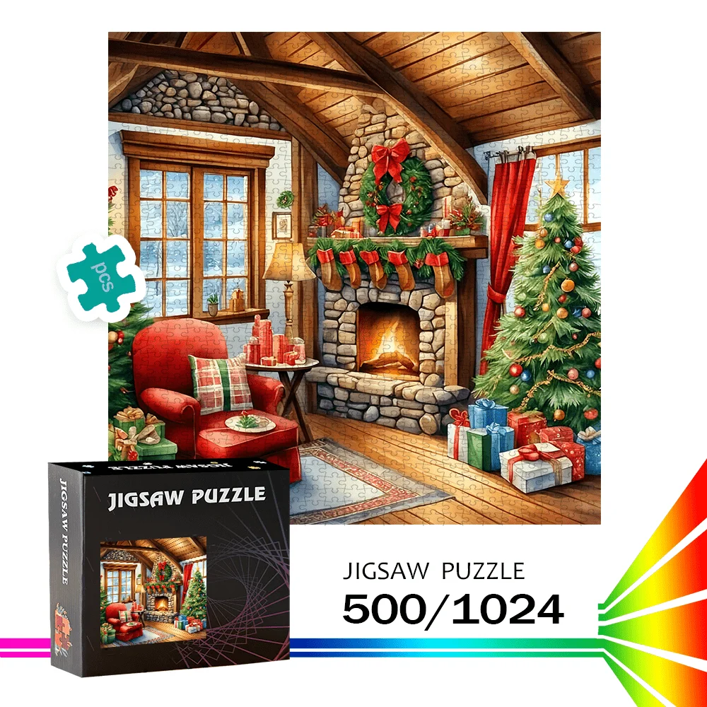 500/1024pcs Jigsaw Puzzle - Large Fireplace & Christmas Tree House with 500+pcs (1024 Challenge) | Advanced Level Family Game