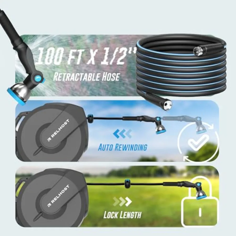 بكرة خرطوم حديقة قابلة للسحب شديدة التحمل 100 قدم × 1/2 مثبتة على الحائط مع قفل بطول قابل للتعديل نظام الترجيع التلقائي 180 قطب br