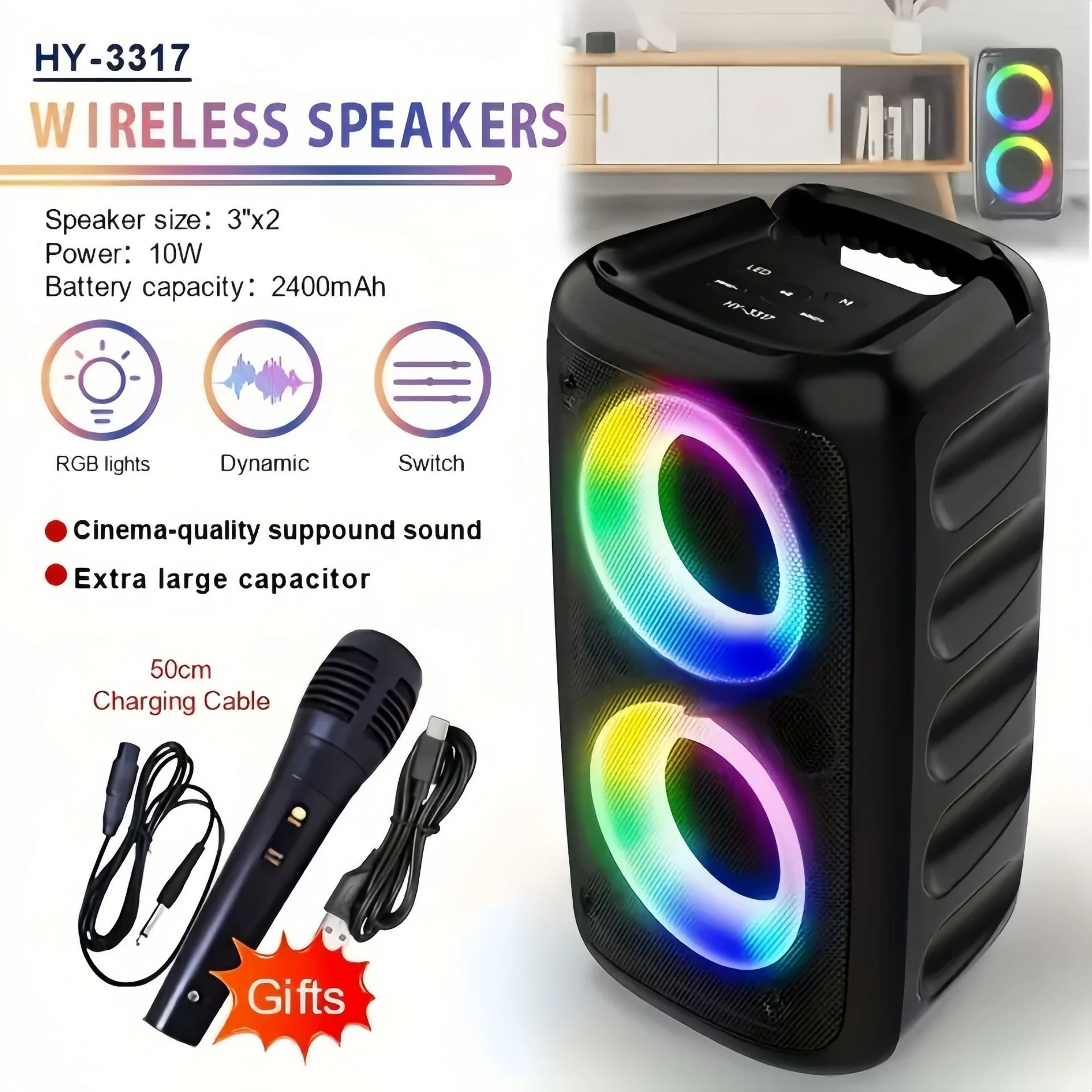 ZNLYRION Portable Bluetooth Karaoke Speaker Dual 3 Inch 10W RGB Ring Light TWS Wireless Stereo Speaker With Wired Mic 2400mAh Rechargeable Battery