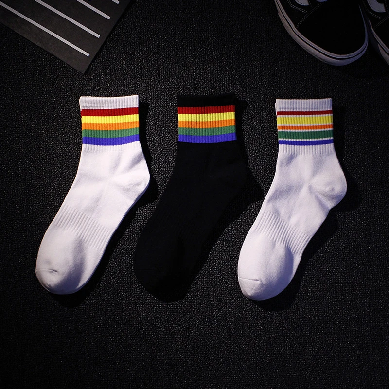 5 Pairs Men Ankle Cotton Sports Rainbow Socks Summer Mid Tube Casual Socks Trend Black White Funny Socks