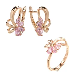 Wbmqda Pink Crystal Flower Drop Earrings For Women 585 Rose Gold Color Natural Zircon Setting Wedding Party Fashion Jewelry Sets