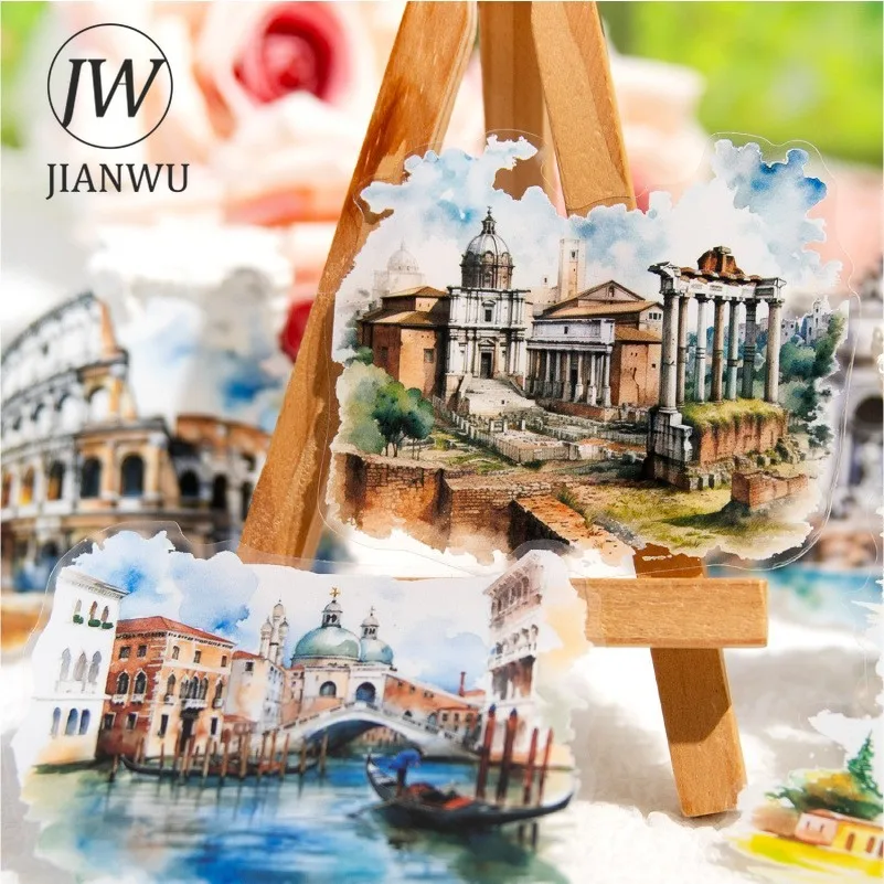 JIANWU Girl's Fantasy Series Vintage Building Landscaping Material Collage PET Sticker Creative Journal Scrapbooking Stationery