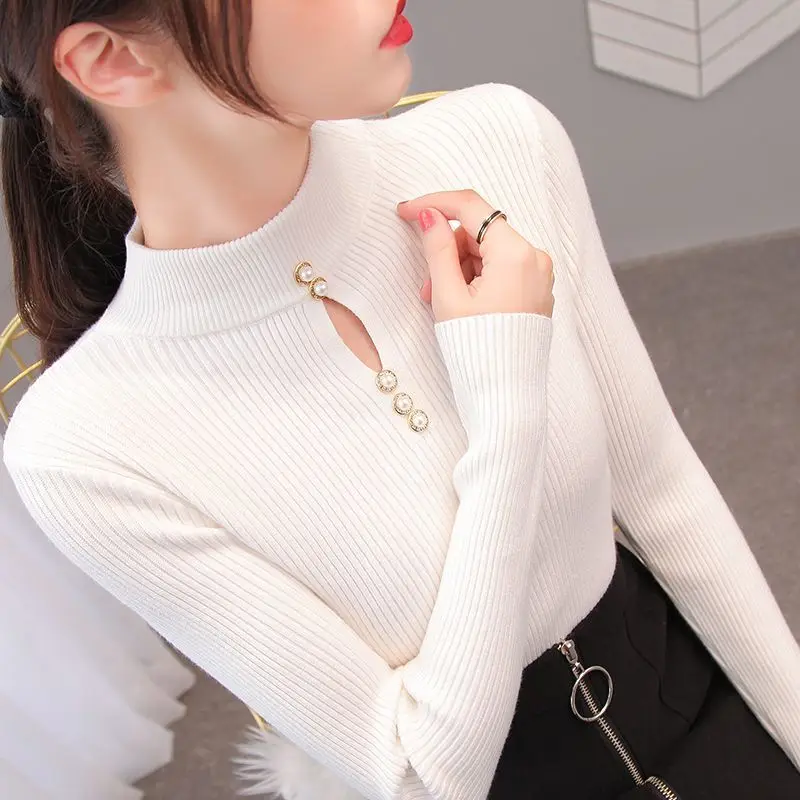 Autumn Elegant Fashion Long Sleeve Knit Pullover Women Clothing Vintage All-match Hollow Out Button Sweater Office Lady Chic Top