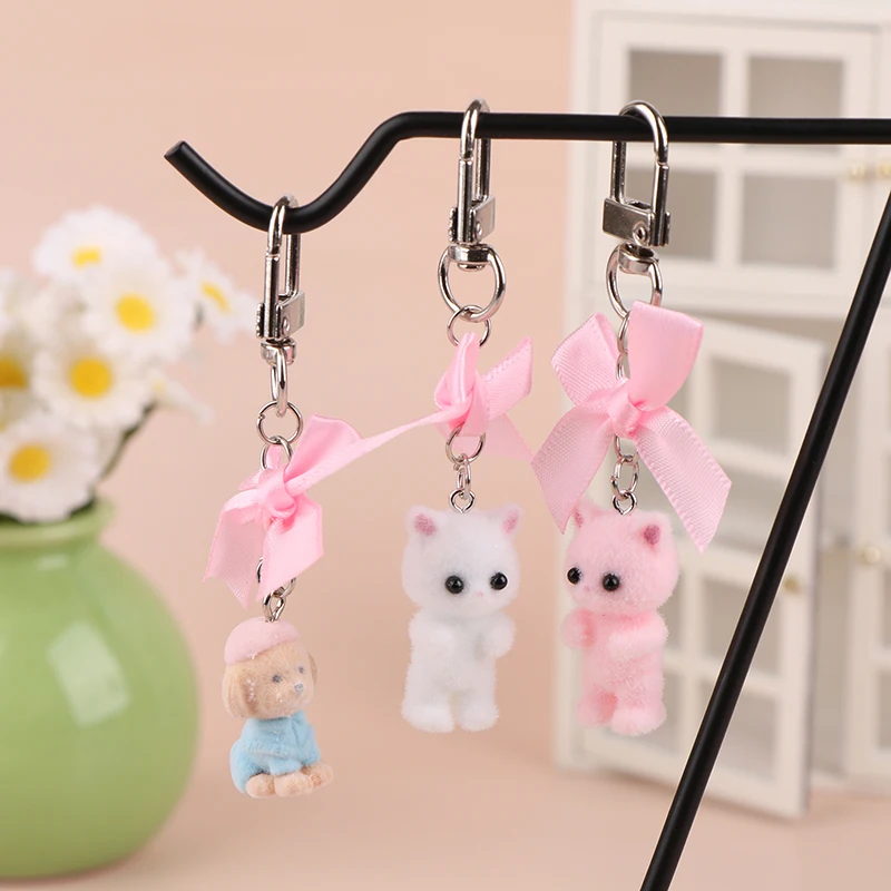 Lovely Cartoon Flocking Cat Keyring Cute Bow Puppy Keychain Backpack Pendant Bag Charm Accessories Couple Gifts