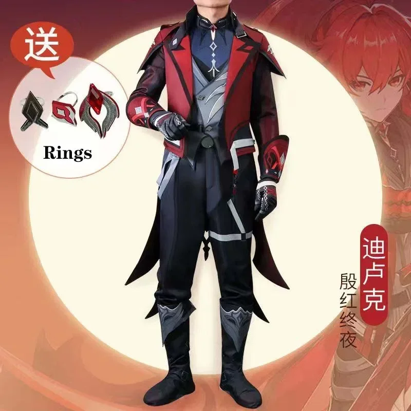 Diluc Cosplay Costume Halloween Carnival Suit Diluc  Ragnvindr New Skin Red Dead of Night Full Set Outfits with Wig