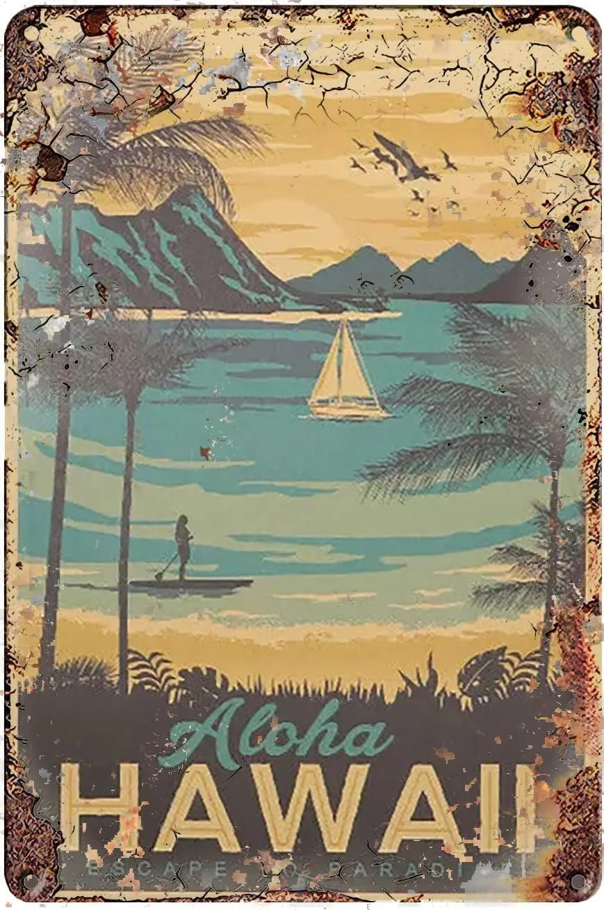 Vintage Metal Tin Sign Aloha Hawaii Famous Tourist Landscape Aloha Hawaii Wall Decor Poster Wall Poster Plaque for Home Kit sign