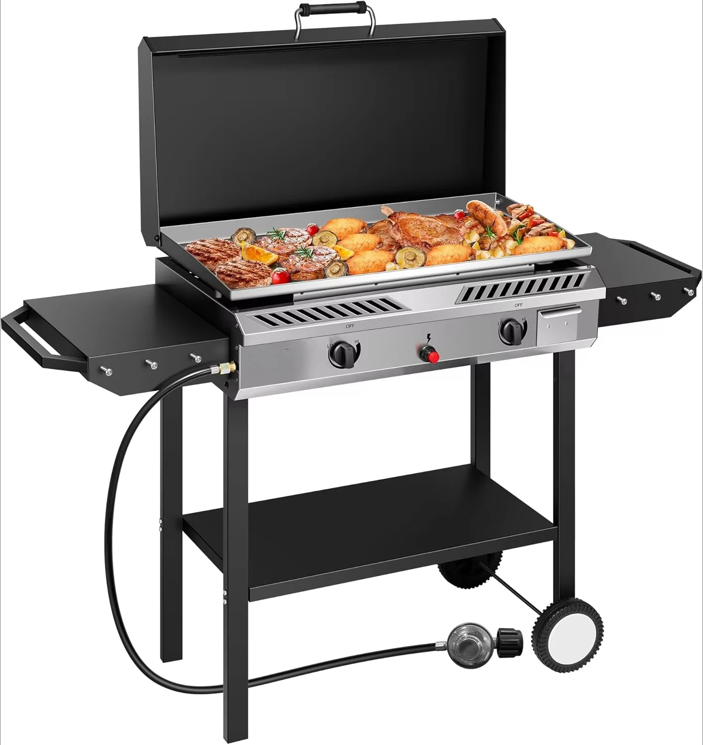 2 Burner Outdoor Griddle Station, Detachable Gas Stove Comes with 2 Wheels, Multifunctional Propane Stove for Backyard Barbecues