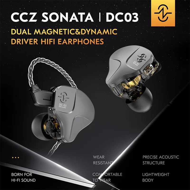 CCZ Sonata DC03 HiFi In-Ear Earphones 10mm Dual Magnetic Dynamic 3.5mm 2PIN-Z High-Purity Balanced Wired Headphones