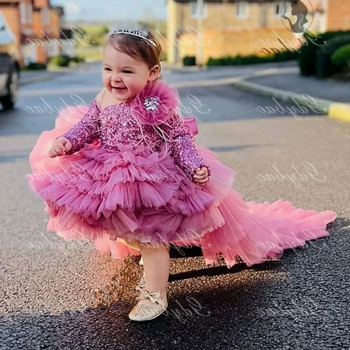 Peach Pink High Low Tutu Tulle Kid Long Sleeves Formal Dresses Shiny Daughter Birthday Party Dresses Tiered Tulle Child Dress