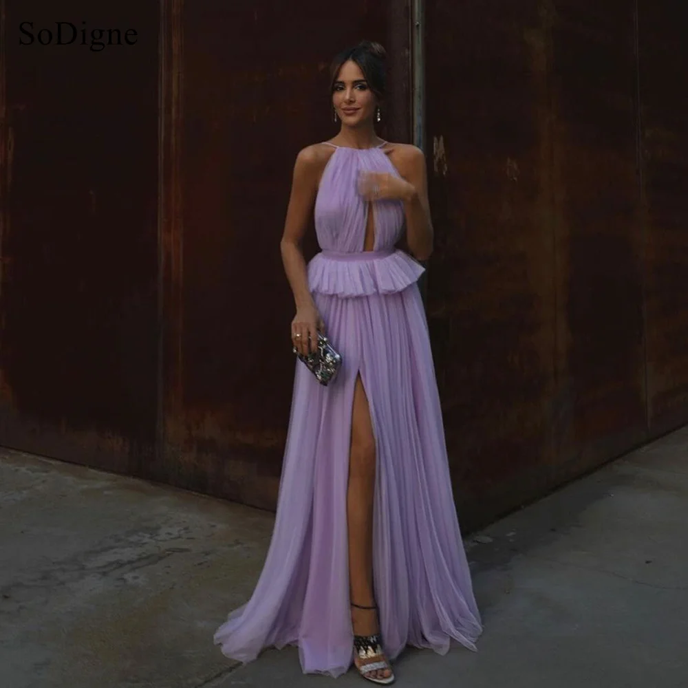 

SoDigne Elegant Purple Evening Dresses Halter Sleeveless Slit Party Dress Sexy A-Line Tulle Prom Gowns Customized